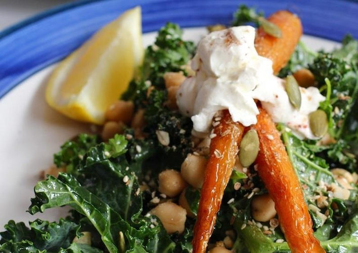 Kale, Chickpea & Dukkah Salad topped with Honey Roasted Dutch Carrots & Labneh
